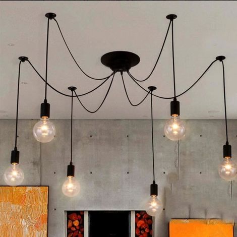 Suspension vintage rétro LOFT plafonnier araignée noir - WOTTES - UNI 6 - 6 têtes - 40W - E27 (1/5)