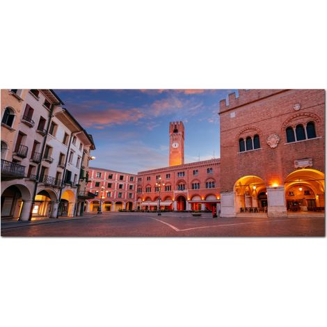 Lupia - Quadro moderno su Tela Canvas DEEP 65X143 cm, con paesaggi e localismi italiani, per casa, soggiorno, capezzale camera da letto, hotel, ufficio, TREVISO - PIAZZA DEI SIGNORI SERA (1/4)