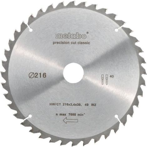 Metabo – Lame de scie circulaire 216mm – 40 dents – Pour bois dur et stratifié – Coupe nette sans éclat – Compatible avec scies circulaires
