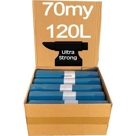 1 Karton Schwerlast Müllsäcke, 10 Rollen à 15 QUALITY PLUS Müllbeutel, Müllsäcke blau, Mülltüten extrem reißfest, 120l, 700x1100mm, 70my speziell für Gewerbe, Bau, Bauschutt und Garten (1/4)