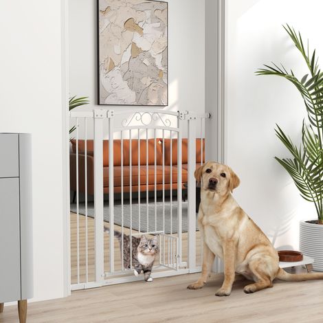 Barrière pour chien réglable avec extensions et chatière, 76-104 x 106 cm, blanche (1/5)