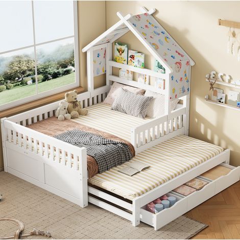 DESVIAE Lit cabane enfant 140 x 200 cm avec lit gigogne 3 tiroirs de rangement barrières de sécurité blanc bois pin MDF contreplaqué (1/5)