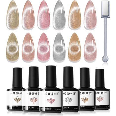 Modelones Vernis Semi Permanent 6 Couleur Gel UV Vernis à Ongles Pailleté Magnétique Cat Eye UV Gel LED Manucure Varnish Kit pour Nail Art- Rose Argenté Jaune (1/5)