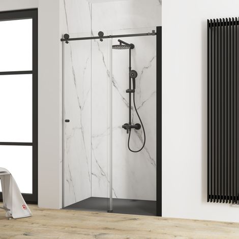 Schulte – Porte de douche coulissante 120 x 200 cm – Verre de sécurité 8 mm – Profilé noir – Ouverture réversible – Roulement à billes silencieux