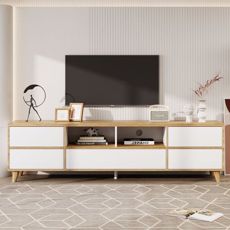 Meuble TV blanc et bois 175 x 37 x 51 cm, 4 portes, rangements intérieurs et pieds en bois, style naturel (1/5)