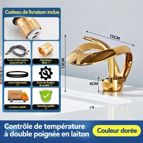 Robinet mitigeur de lavabo cascade en cuivre doré salle de bain vasque eau chaude et froide raccord 1/2 – Livraison gratuite