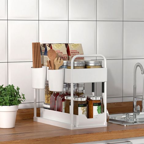 Especiero multifuncional deslizante de 2 niveles para cocina/baño con ganchos - Blanco