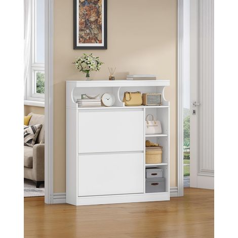 Meuble à Chaussures à 2 Abattants, Armoire à Chaussures Étroite à 3 Étagères, Ouvert sur 2 Niveau, Séparateur Réglable, 12-15 Paires, pour Entrée, Couloir, Design Unique, Blanc (1/5)