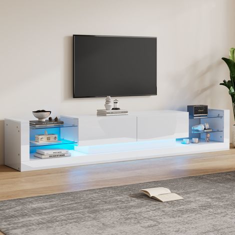 Meuble TV haut brillant avec éclairage LED, 181 cm, façade en verre, 2 tiroirs rabattables OKMYHOME (1/5)