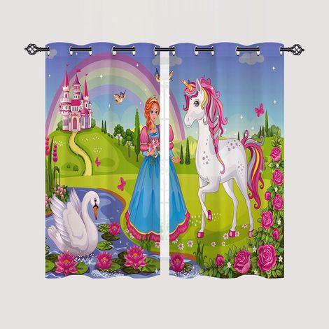Rideau Occultant Licorne Princesse Château Tenture Opaque à Oeillets Draperies Intérieurs Rideau Thermique Isolant pour Maison Chambre Salon Fenetre 2 Pièces L 60 x H 90 cm - 60L X 90H cm (2 Panneaux) (1/5)