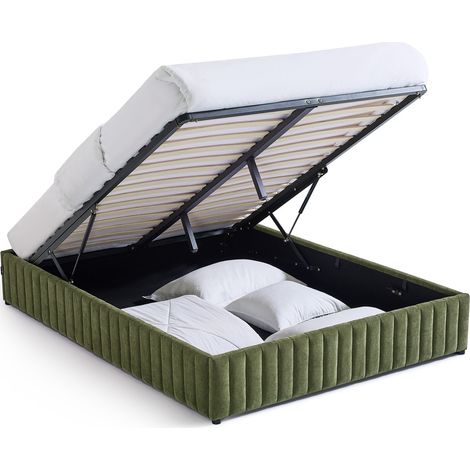 Lit coffre adulte 160x200 cm en tissu chenille vert kaki - Balto