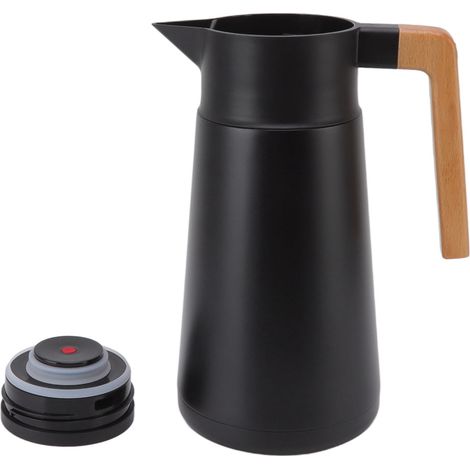 Carafe Isotherme Inox 2L Anti-Brûlure avec Poignée en Bois de Hêtre - Thermos Bouteille Isotherme Ménager Noir (1/5)