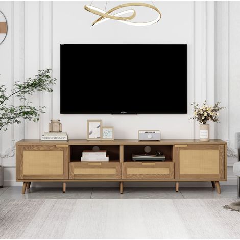 Meuble TV 200 x 37 x 49 cm style rotin tressé, coloris chêne, 2 portes et 2 tiroirs DESVIAE (1/5)