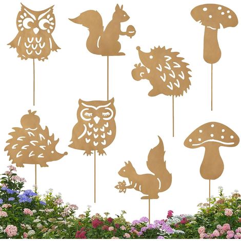 Gartendekoration, 8-teiliges Herbstdeko-Set (25 cm), rostige Metall-Gartenstecker, rostige Tierformen, rostige Außendekoration, für Terrasse, Balkon, Blumentopf und Garten (1/5)