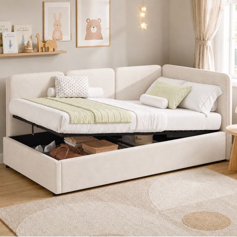 Canapé Lit banquette 90x200 cm avec rangement hydraulique, réversible gauche/droite, velours beige, sommier à lattes (1/5)