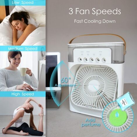 Climatiseur Mobile Portable, Refroidisseur d'air 4 en 1, Mini Climatiseur Portable 600ML, Mini Air Climatiseur Ventilateur 3 Vitesses, 3 Modes de Brume, 7 Veilleuse, 2-8H Timer, pour Bureau (1/4)