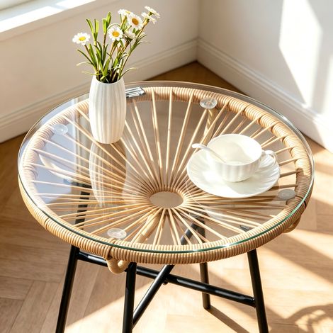 Table d'appoint extérieur en rotin synthétique tressé – Plateau en verre trempé – Pieds en acier Noir – Dimensions 50x50x50cm – Table de jardin ronde pour balcon jardin (1/5)