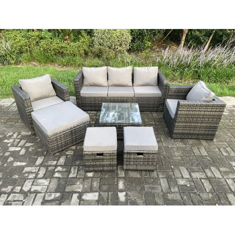 Fimous Wicker Rattan Garden Furniture Sofa Set with Armchair Square Coffee Table 3 Footstools Dark Grey Mixed