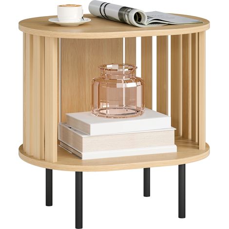 Table d'appoint - HOMCOM - ovale - design à lattes - avec rangement ouvert et pieds en acier - 50 x 39 x 50 cm - effet bois naturel (1/5)