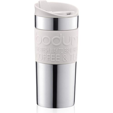 Bodum Vacuum Tazza da viaggio in acciaio INOX con coperchio e banda bianchi, piccola, 0,35 l (1/4)