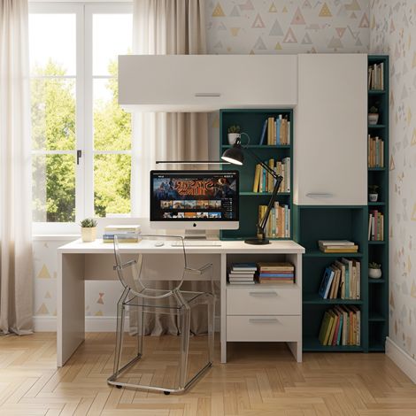 Angolo studio multifunzionale con libreria a profondità variabile e cassettiera integrata - Bianco e Petrolio