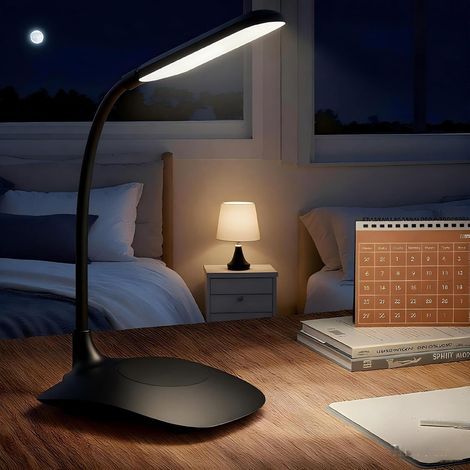 Lampe de bureau LED noire avec commande tactile et variateur, 12,51027,5 cm, réglable pour les bureaux, les chambres et les tables de chevet. (1/5)