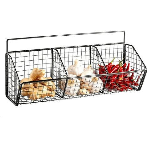 Panier mural en métal à 3 compartiments – Panier mural en fil de fer pour légumes – Panier en métal suspendu sans perçage – Panier suspendu pour cuisine et organisateur de cuisine pour (1/5)