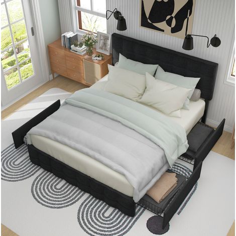 Lit coffre 140x200 avec 4 tiroirs, lin noir, HAVRYA (1/5)
