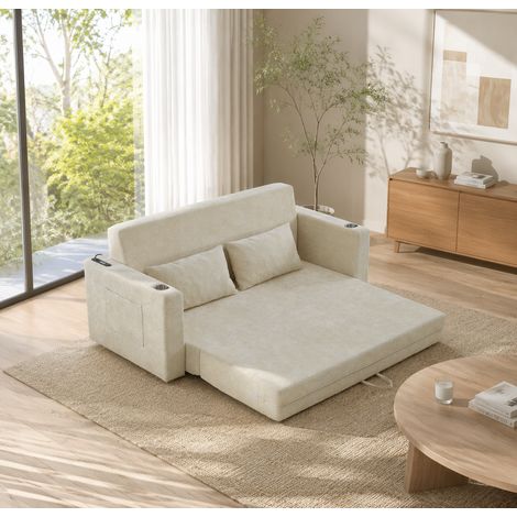 Sofá cama convertible de 2 plazas plegable con 2 cojines, USB, chenilla beige OKMYHOME (1/5)
