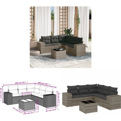 Salon de jardin 6 pcs avec coussins gris résine tressée - Ensemble Salon De Jardin - Meuble De Jardin - Résine Tressée - Rotin Synthétique - Mobilier D'extérieur - Home & Living (1/3)