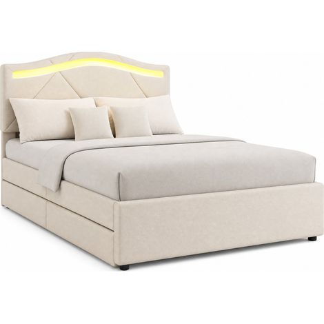 Lit rembourré 90x200 cm avec sommier, 2 tiroirs de rangement, LED d’ambiance et tête de lit réglable, en tissu beige, style minimaliste pour chambre moderne – CHICFURN (1/5)