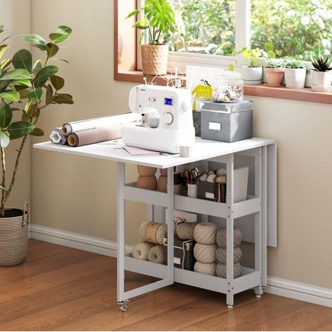 Table à manger pliante mobile pour 2-4 personnes avec 2 étagères ouvertes, blanc, 133,4 x 80 x 75 cm (1/5)