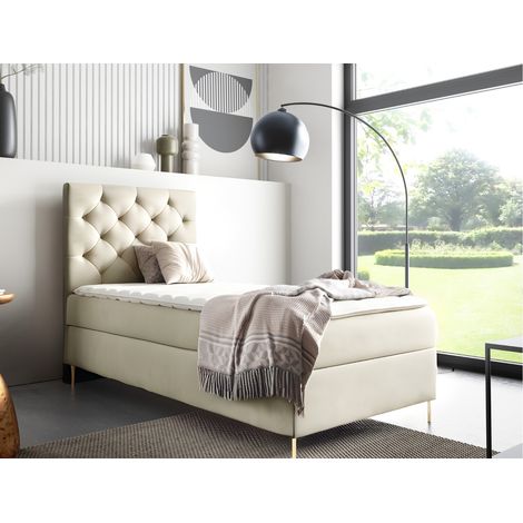 Sofello Boxspringbett LIDIA 90 x 200cm mit Bettkasten TOPPER 5cm Gratis Beige Velour hohe goldene Beine (1/4)