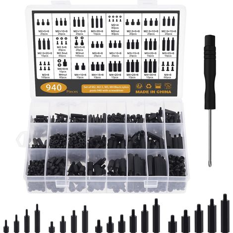 940 Pièces Standoff Vis Nylon, M2 M2,5 M3 M4 Entretoise Écrou Vis Mâle, Noir Standoff Écrous Entretoise Nylon pour Carte Mère Réparation, avec Tournevis (1/5)