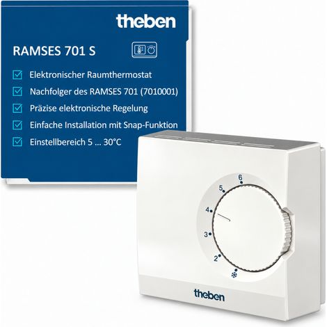 Theben 7010003 RAMSES 701 S - Raumthermostat elektronisch, Wandmontage/Aufputz, Raumtemperaturregelung, Montage ohne Schrauben (Snap-Funktion), Solltemperatur-Begrenzung (1/5)