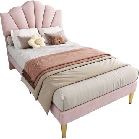 Lit Adulte 90x200 cm en Velours, Lit Simple Rose avec Tête de Lit Réglable et Pieds Métalliques Dorés, sans Matelas (1/5)