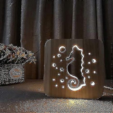 Lampe dauphin 3D créative en bois, veilleuse LED USB à motif dessin animéSeahorse (1/4)