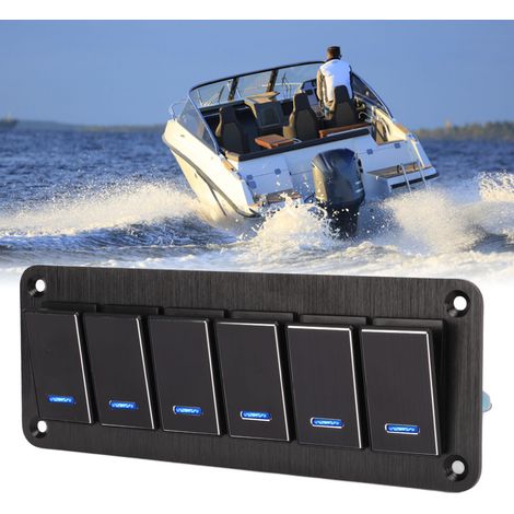 Zentrales Bedienfeld für Autos, Wohnmobile und Yachten, wasserdichtes 6-Wege-Bedienfeld aus Metall, Bedienfeld aus gebürstetem Metall, einzelner Ein-/Ausschalter, schwarz eloxiert blau. (1/5)