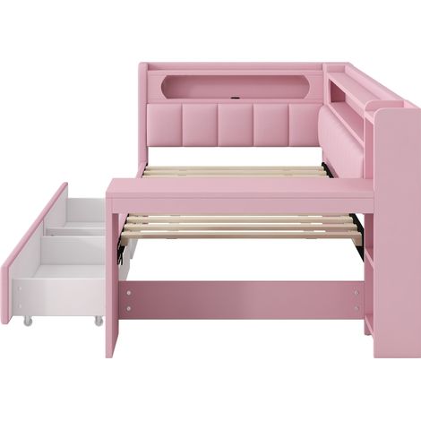 Cama diván tapizada 90x200 cm rosa con USB, LED, escritorio y 2 cajones (1/5)