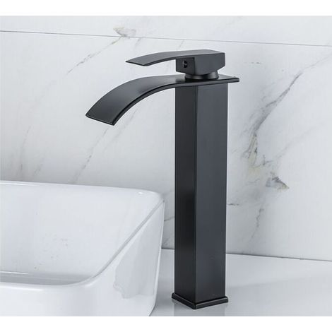 Robinet cascade en laque Lavabo à poser chaud et froid Toilettes Armoires de salle de bain Robinet monotrou Robinet de lavabo cascade, Mitigeur cascade noir, Robinet de salle de bain monotrou en laito (1/3)