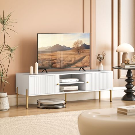 Meuble TV, meuble télé jusqu'à 65 pouces avec 2 portes, 2 compartiments ouverts, pieds en acier, blanc, 140x38x45,9cm