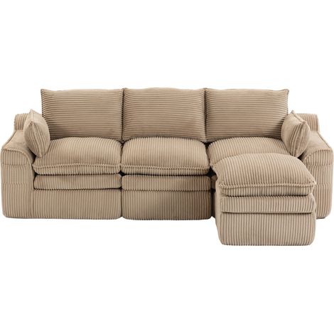 ELVMI Canapé modulaire 3 places avec poches latérales et coussins, mousse 3 couches et ressorts, en tissu côtelé, Khaki (1/5)