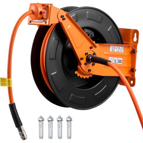 Enrouleur de tuyau d'air rétractable, 15m x 9,5mm, max 300PSI, rappel automatique, tuyau d'entrée 1,52m, montage plafond/mur, acier robuste double bras. (1/5)