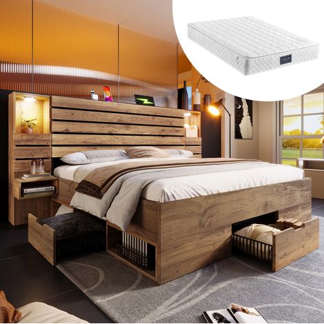 Cama matrimonial 160x200 cm en efecto roble, con LED, USB/Type C, almacenamiento y colchón (1/5)