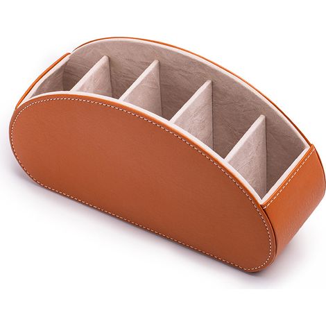 (Braun) Aufbewahrungsbox für TV-Fernbedienungen mit 5 Fächern. Multifunktionaler Schreibtisch-Organizer und Aufbewahrung aus PU-Leder. Bürste, Bleistift, Brillenhalter (1/5)