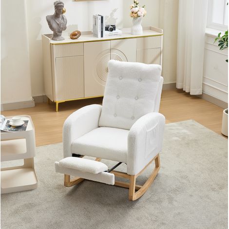 Mecedora de 66,5 x 121,5 x 102 cm con USB/USB-C, reposapiés extensible, bolsillos laterales, madera blanca. (1/5)