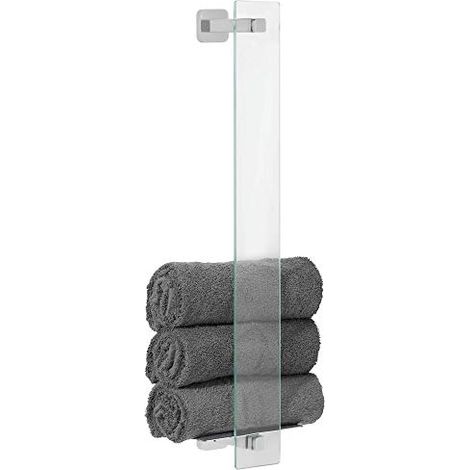tesa Esteetic Porta Asciugamani Adesivo per Ospiti - Portasciugamani in metallo con barra in vetro satinato - senza forature - Rimovibile senza tracce - 668 mm x 180 mm x 128 mm (1/4)