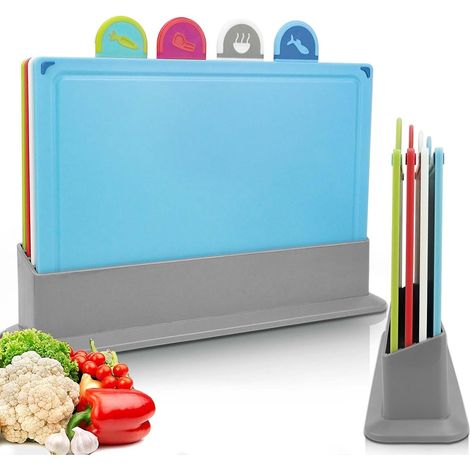 Ensemble de quatre planches à découper, plastique professionnel sans BPA, antidérapantes et avec support, pour viande, légumes et fruits. (1/4)