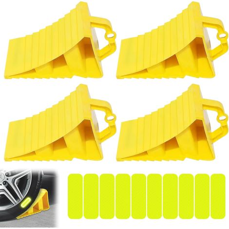 Plastic Wheel Chocks, 4 Pieces 20 x 12 x 11 cm Wheel Chocks, with Bracket with Warning Strip, Wheel Chock for Trailers, Car Wheel Chock for Cars, Motorhomes, Tyre Locks, Yellow (1/5)