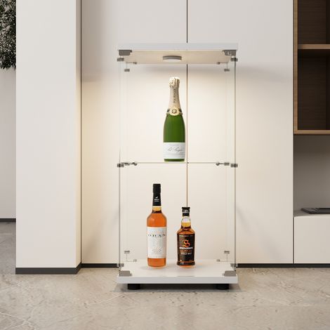 JOOKGBD–Vetrina in Vetro a 2 Ripiani con LED,1 Porta con Serratura,Vetrinetta Espositiva,per Soggiorno,Camera da Letto,Sala da Pranzo,Ufficio,Bianco